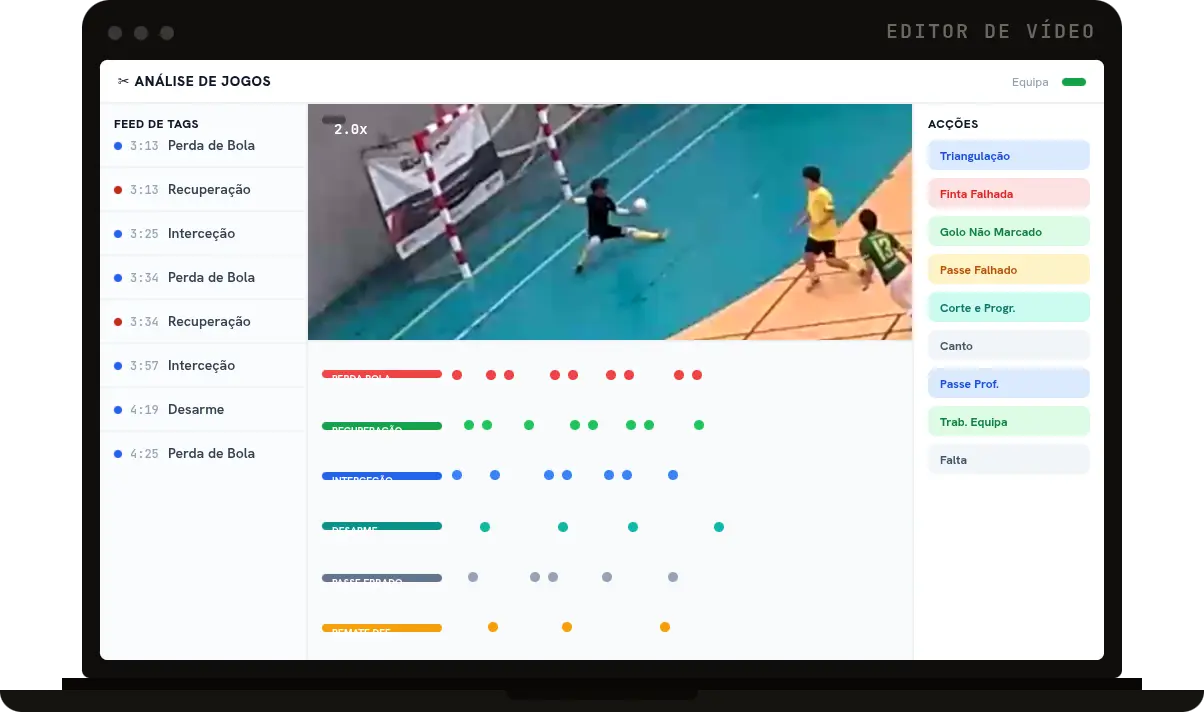 Editor de vídeo do Play 360 num portátil — feed de tags, clip da jogada e painel de ações
