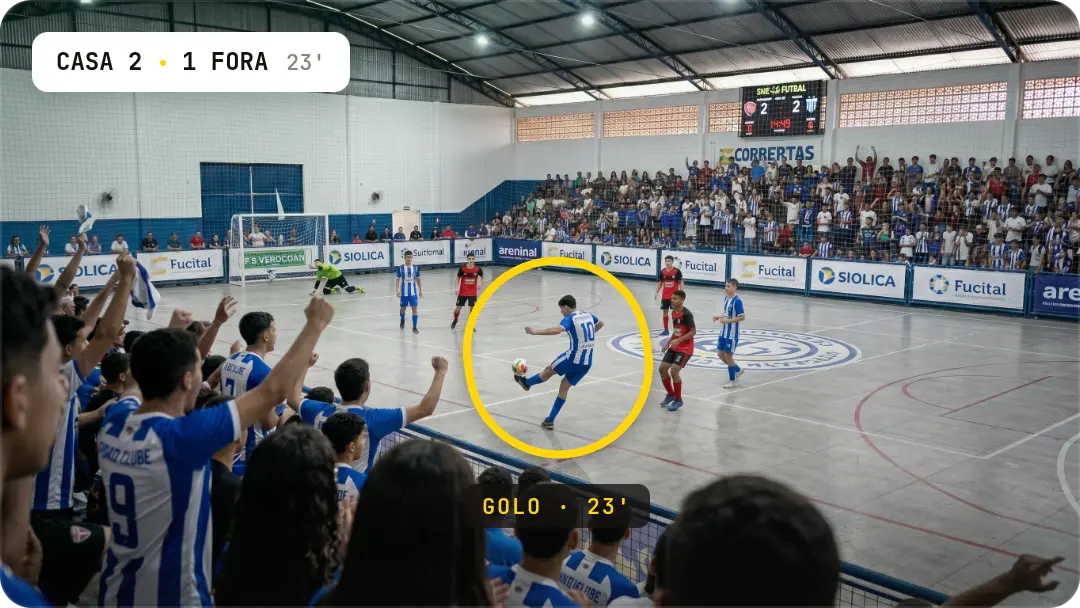 Lance de futsal analisado no Play 360, com placar e o golo em destaque