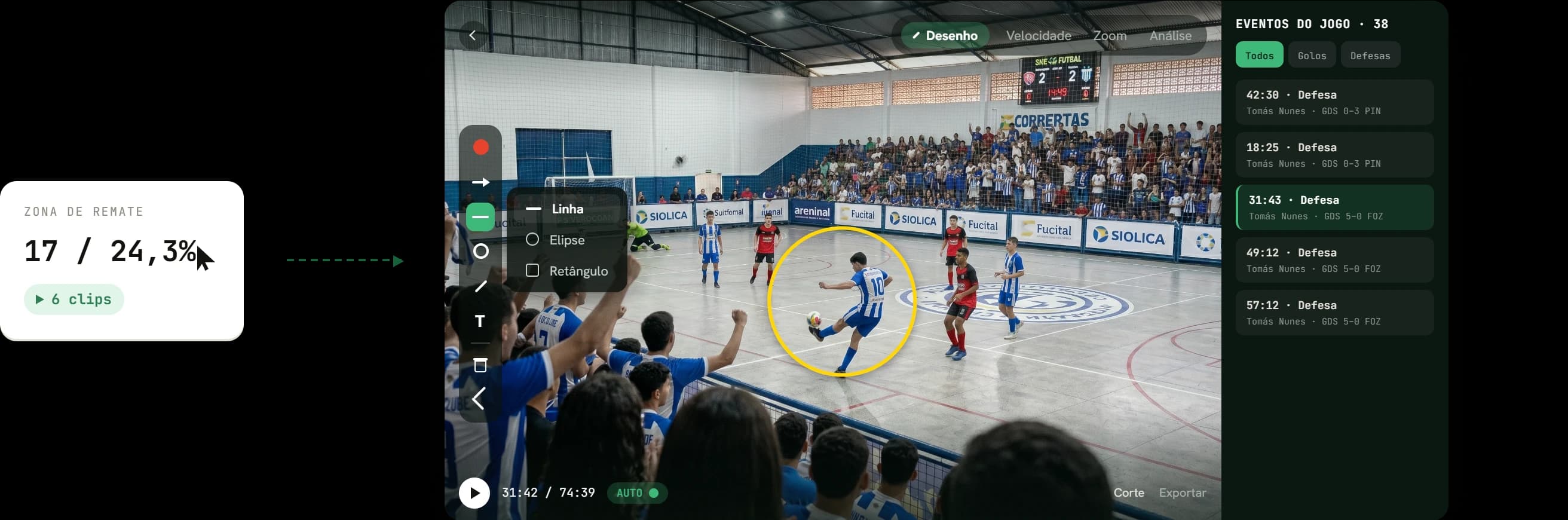 O Play 360 Player: ferramentas de desenho, painel de eventos do jogo e o clip da jogada selecionada